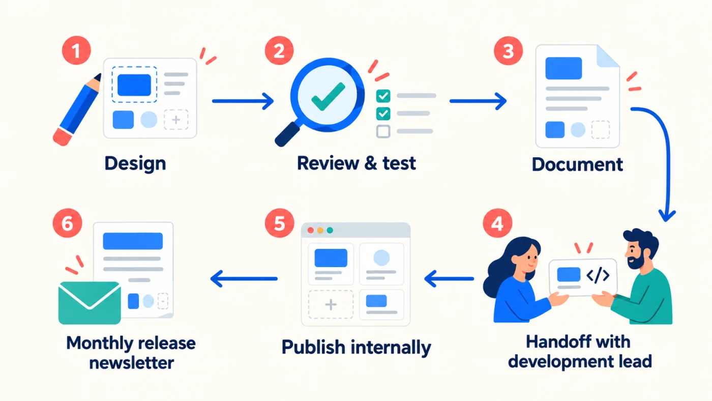 A six-step workflow diagram with numbered icons and arrows: 1 Design, a pencil sketching a component layout; 2 Review and test, a magnifying glass with a checklist; 3 Document, a page of component guidance; 4 Handoff with development lead, a designer passing a component with a code tag to a developer; 5 Publish internally, a browser window of components; 6 Monthly release newsletter, an envelope with a release page.
